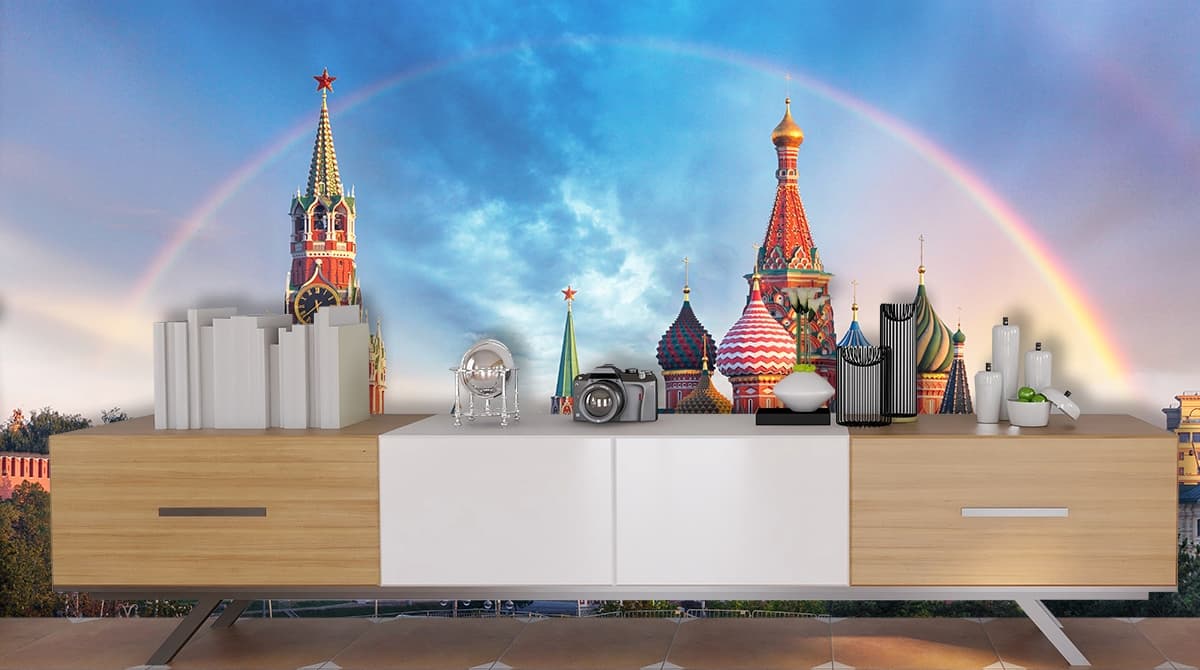 Magical Castle with Rainbow Sky Pattern Wallpaper shown in a room