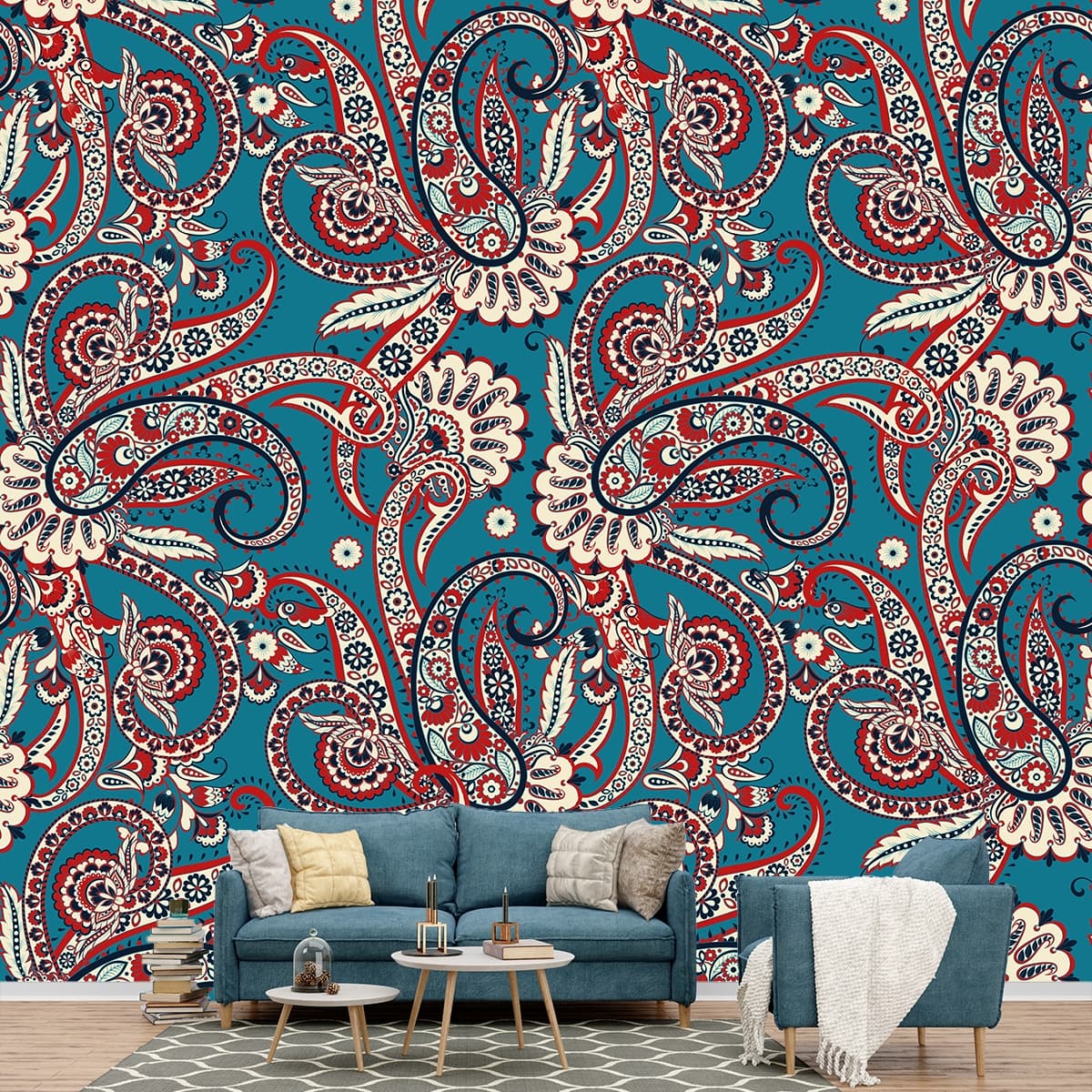 Blue Background Paisley Pattern Wallpaper for Rich and Artistic Walls shown in a room