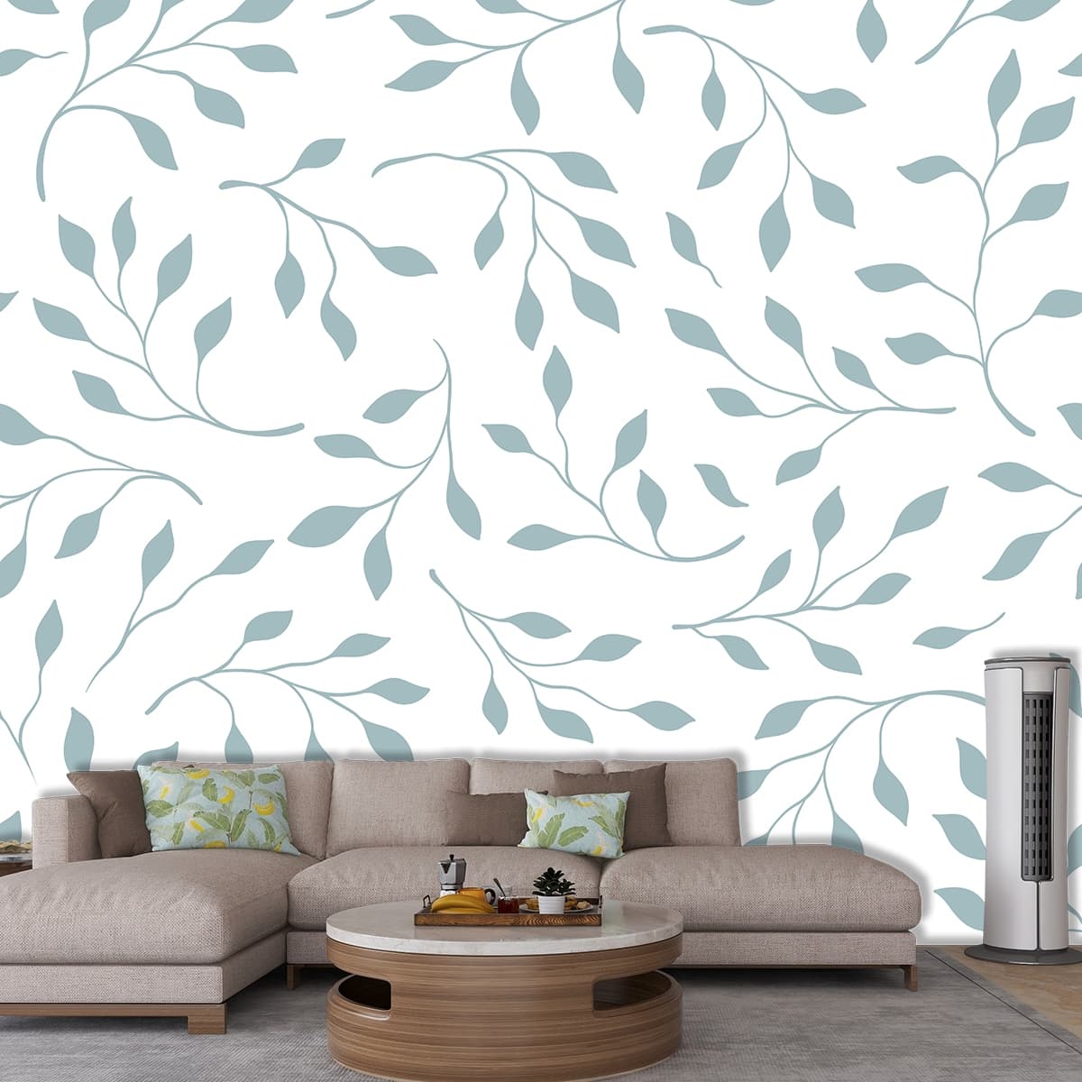 Leaf Pattern on White Background for Home Decor Wallpaper shown in a room