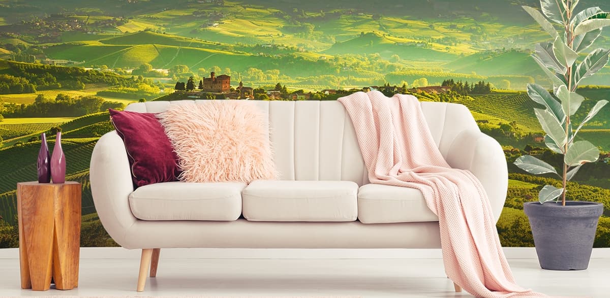 Forest Wallpaper for Walls, Landscape With Rows of Green Fields shown in a room