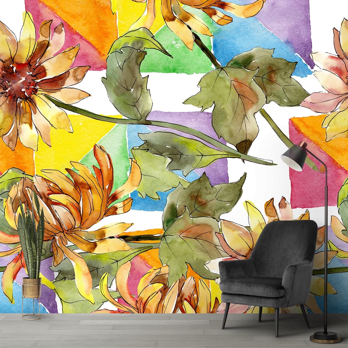 Watercolor Flowers Painting Wallpaper shown in a room