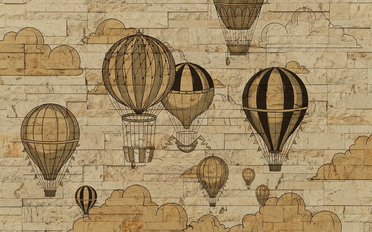 Kids Room Wallpaper, A stone wall with hot air balloons pattern detail