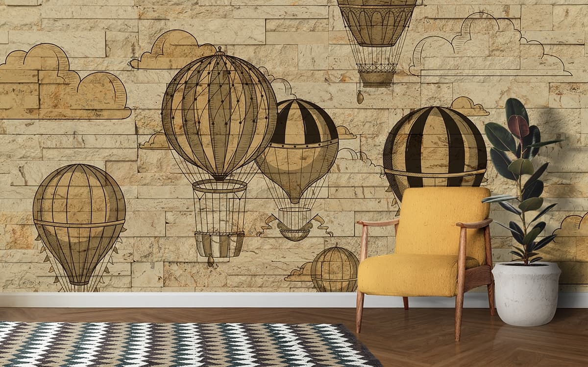 Kids Room Wallpaper, A stone wall with hot air balloons shown in a room