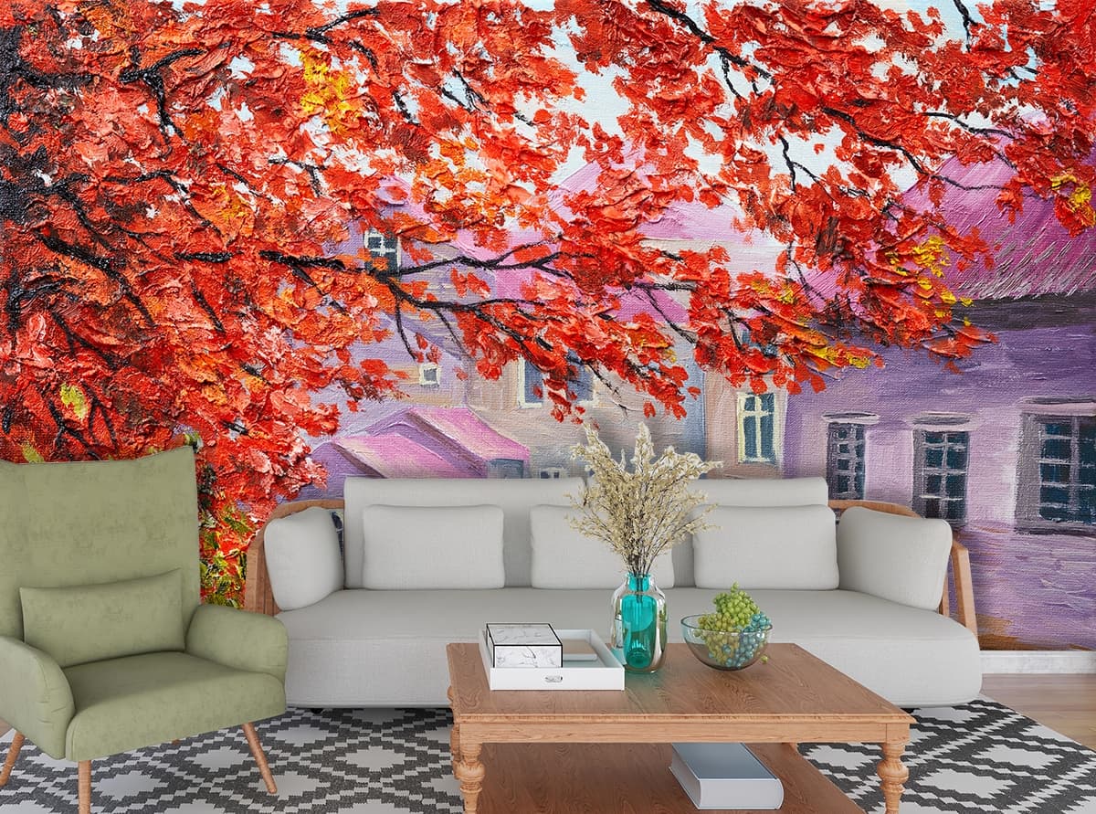 Luxury Mountain Lake Landscape Wall Mural Wallpaper shown in a room