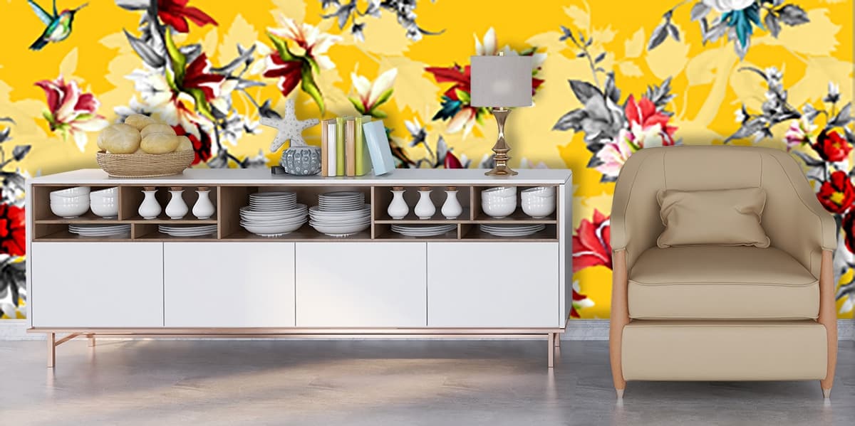 Yellow Background with Flowers Floral Wall Mural Wallpaper shown in a room