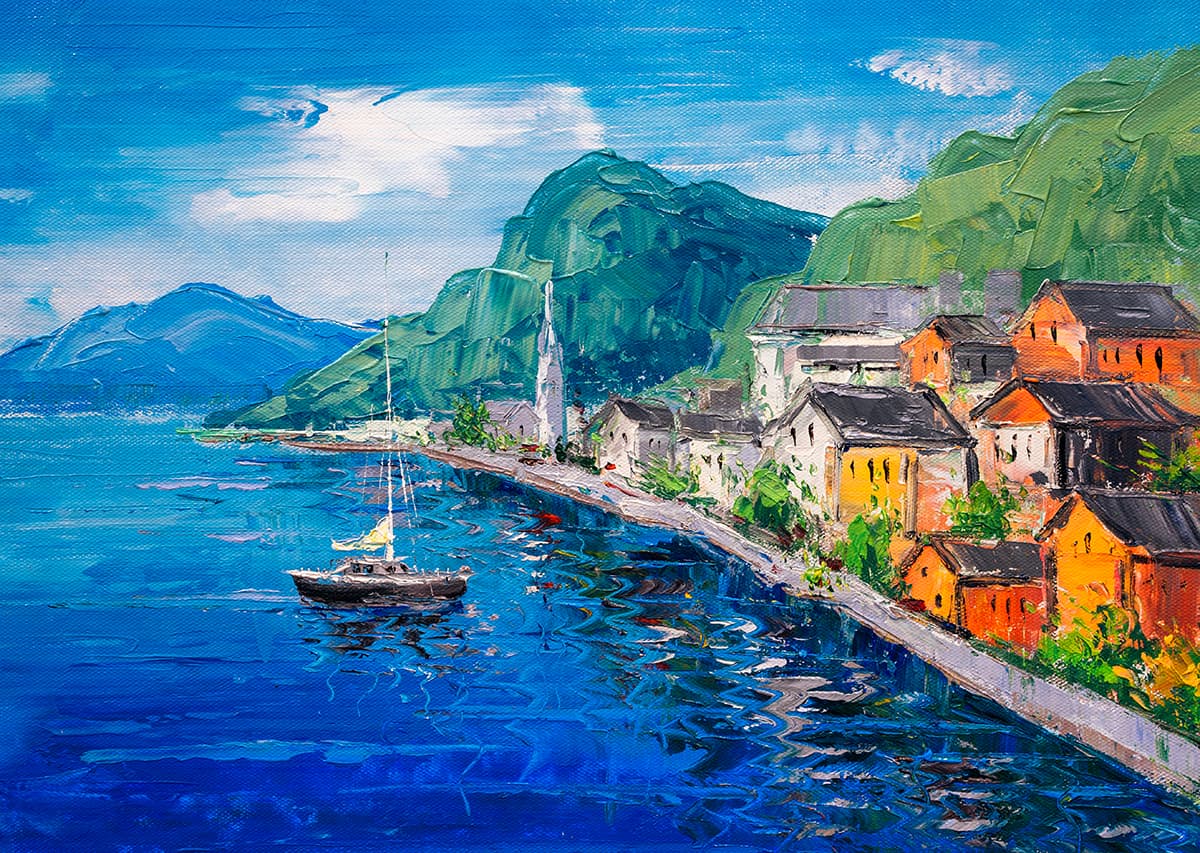 Town on Water Painting Scenic Waterfront wallpaper pattern detail