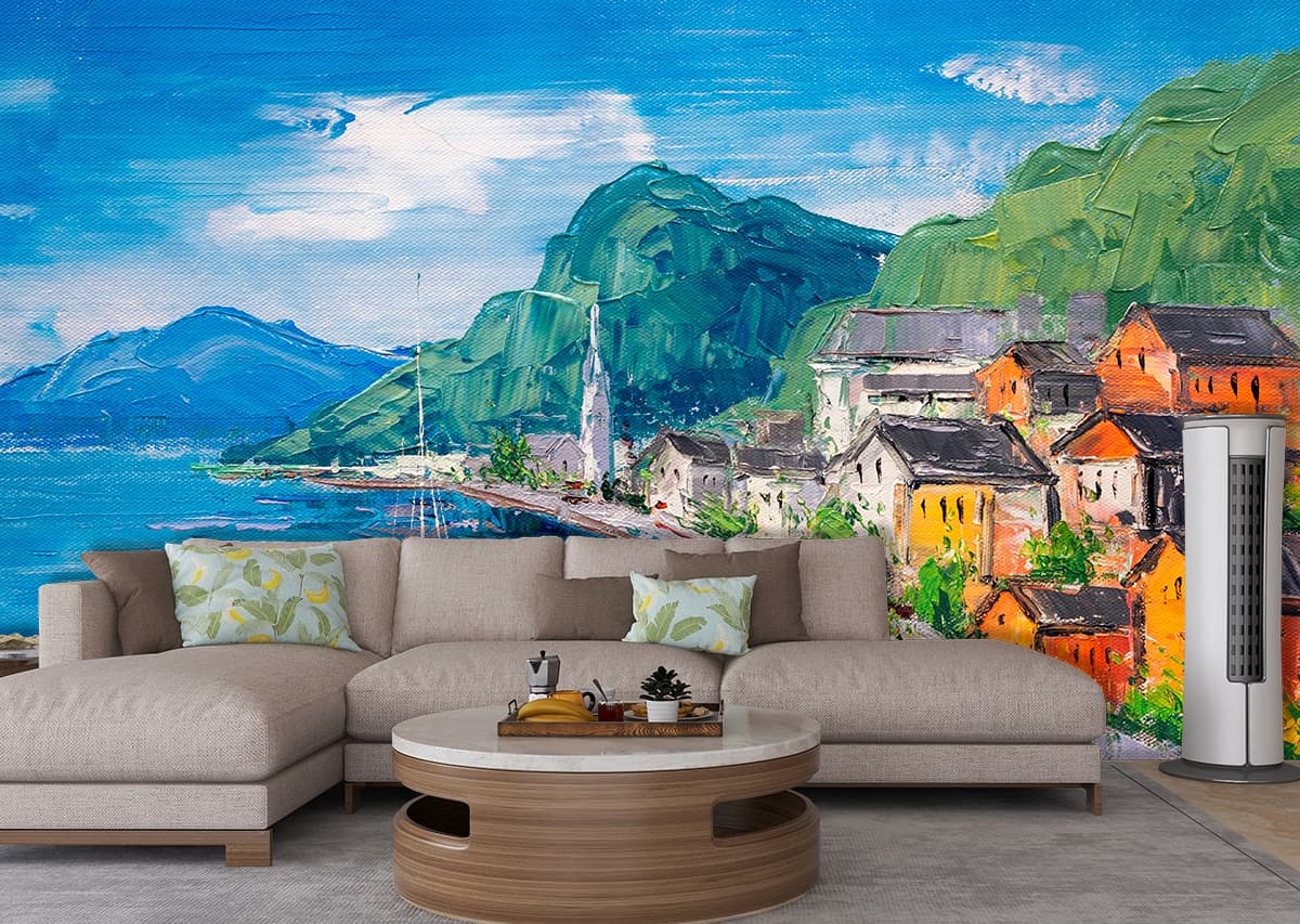 Town on Water Painting Scenic Waterfront wallpaper shown in a room