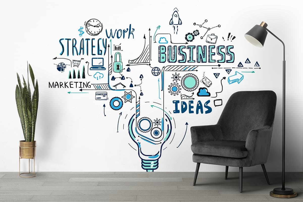World Map Style Office Wallpaper shown in a room