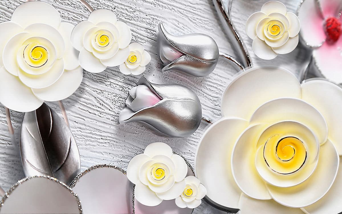 Elegant 3D White and Silver Flower Mural Wallpaper pattern detail