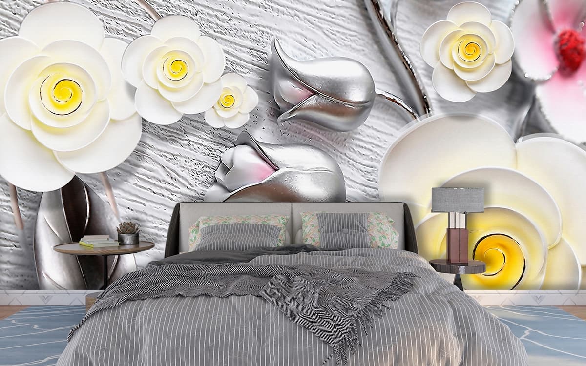Elegant 3D White and Silver Flower Mural Wallpaper shown in a room