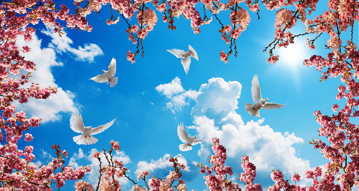 Pink Trees and Doves in Sky Ceiling Wallpaper pattern detail