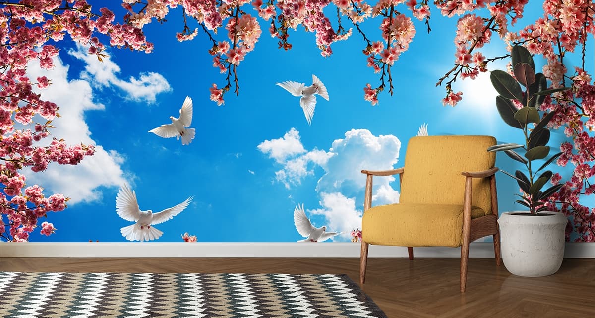 Pink Trees and Doves in Sky Ceiling Wallpaper shown in a room