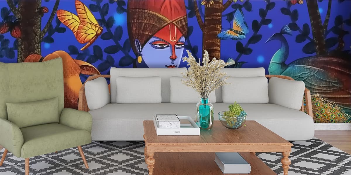 Radha Krishna Divine Love Painting Wallpaper shown in a room