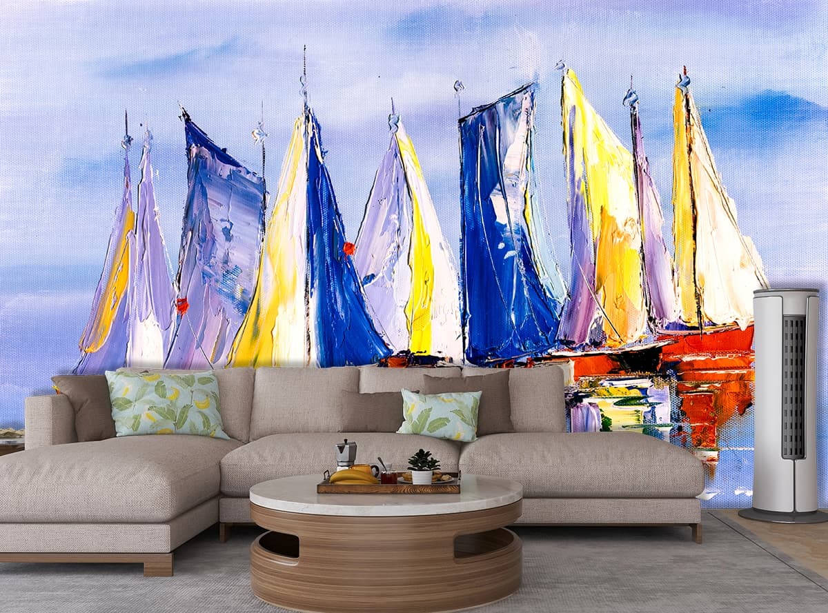 Luxury Artistic Blue Sea and Sailboat Mural Wallpaper shown in a room