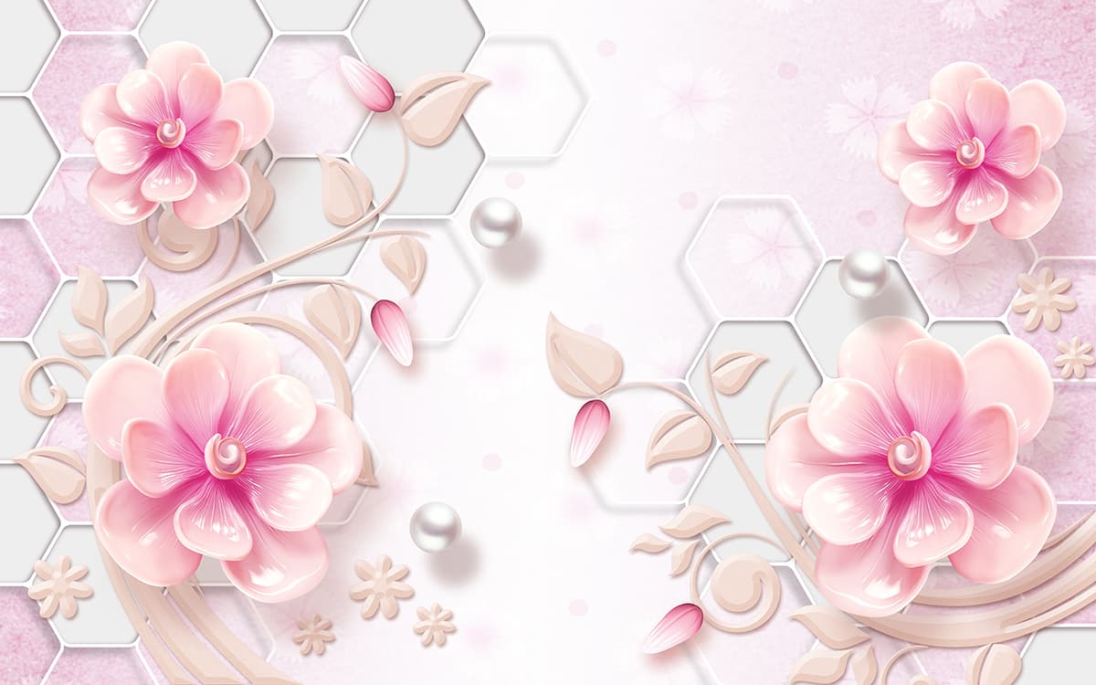 Modern Pink Floral with White Hexagon Design Wallpaper pattern detail