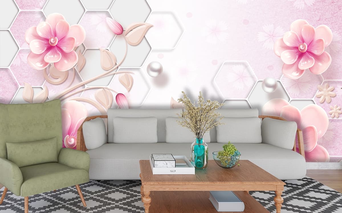 Modern Pink Floral with White Hexagon Design Wallpaper shown in a room