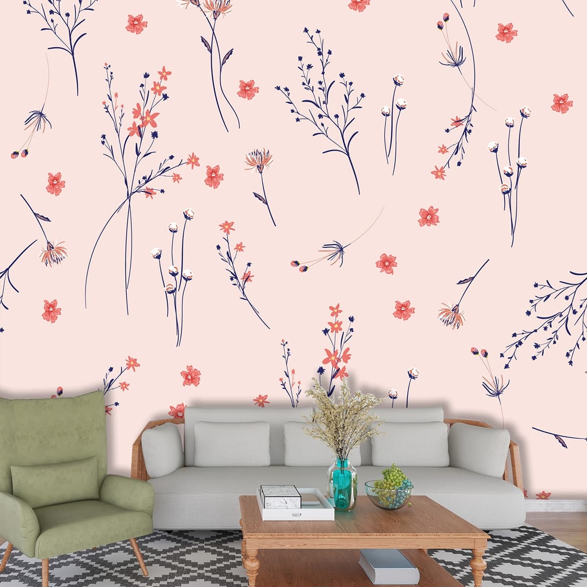 A Wallpaper Mural with Spring Bloom Pattern shown in a room