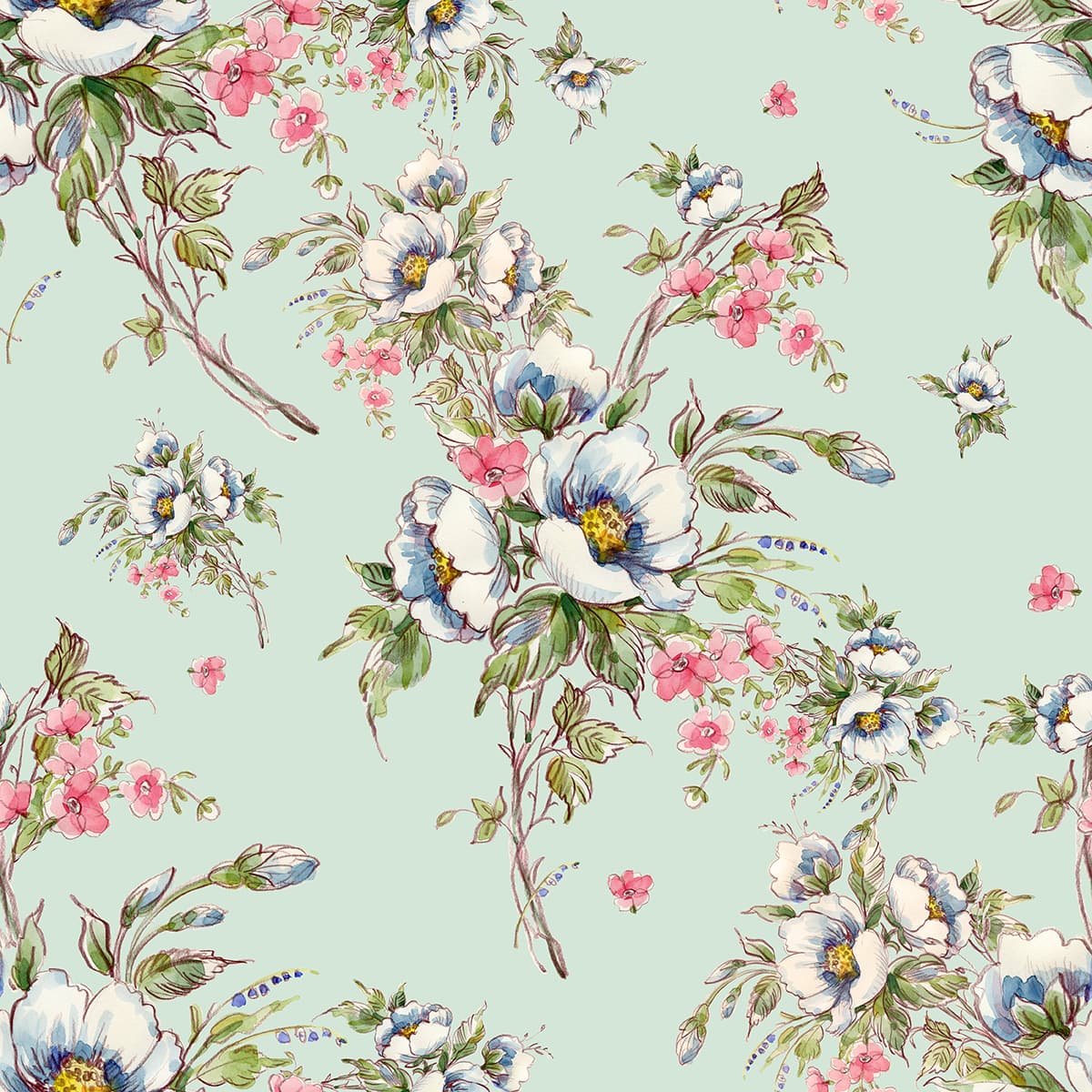Floral Pattern on Light Blue Background Wall Mural Wallpaper pattern detail