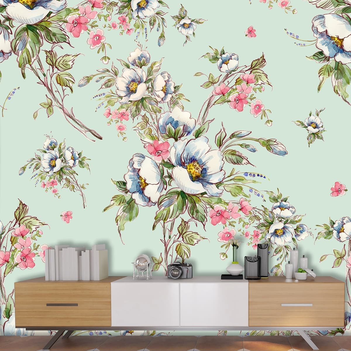 Floral Pattern on Light Blue Background Wall Mural Wallpaper shown in a room
