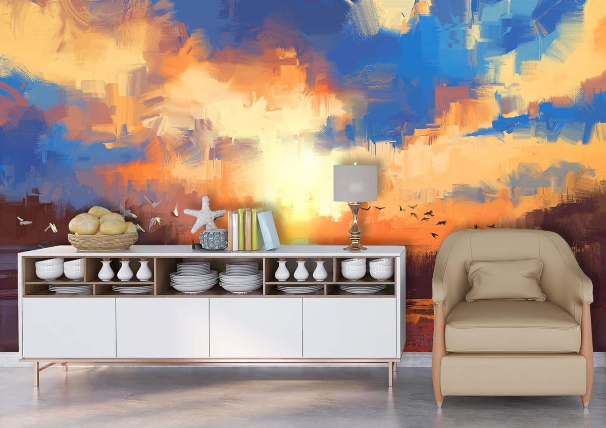 Beautiful Sunset Over Calm Lake Wallpaper shown in a room