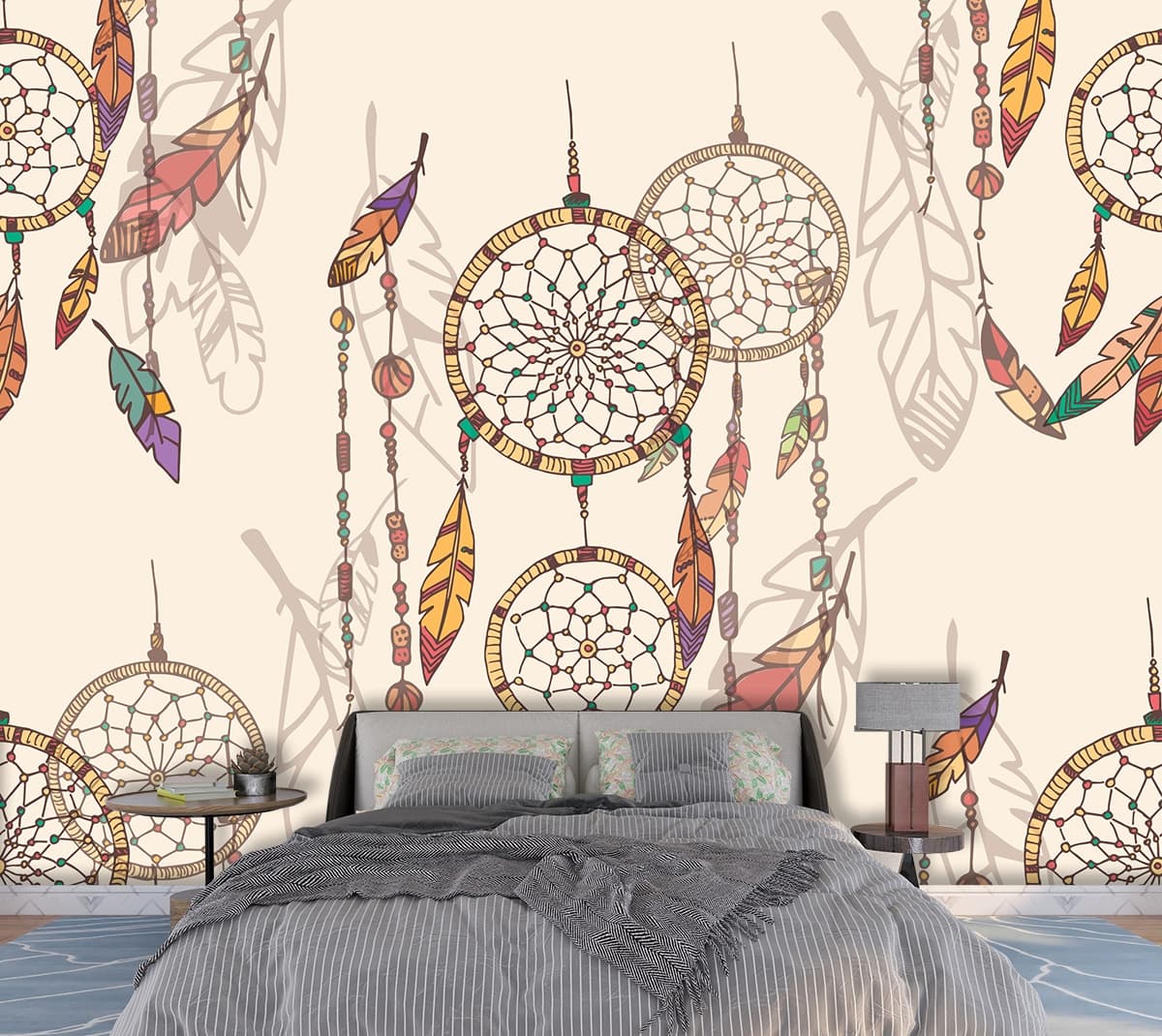 Modern Feather and Dreamcatcher Wall Pattern wallpaper shown in a room
