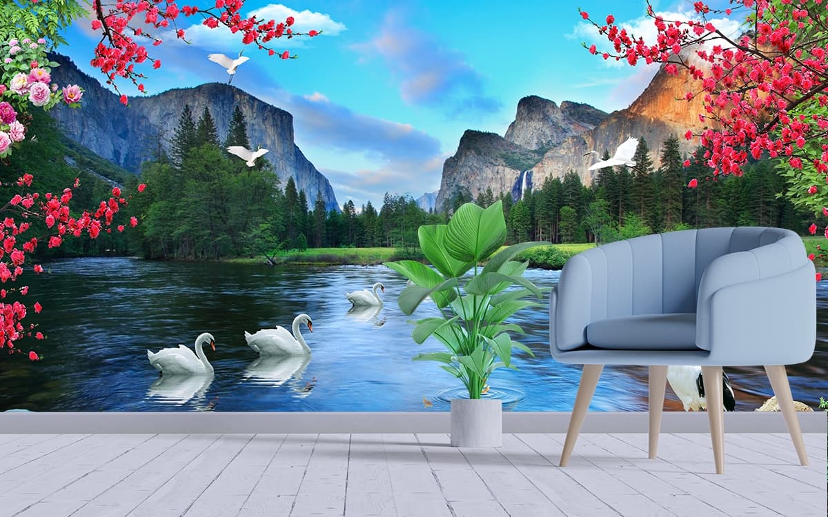 A group of swans in a lake shown in a room