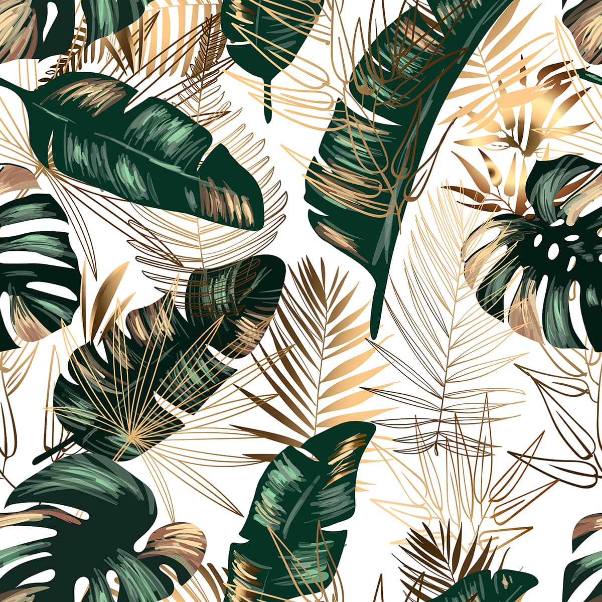 Pattern of Tropical Green and Golden Leaves Wallpaper pattern detail