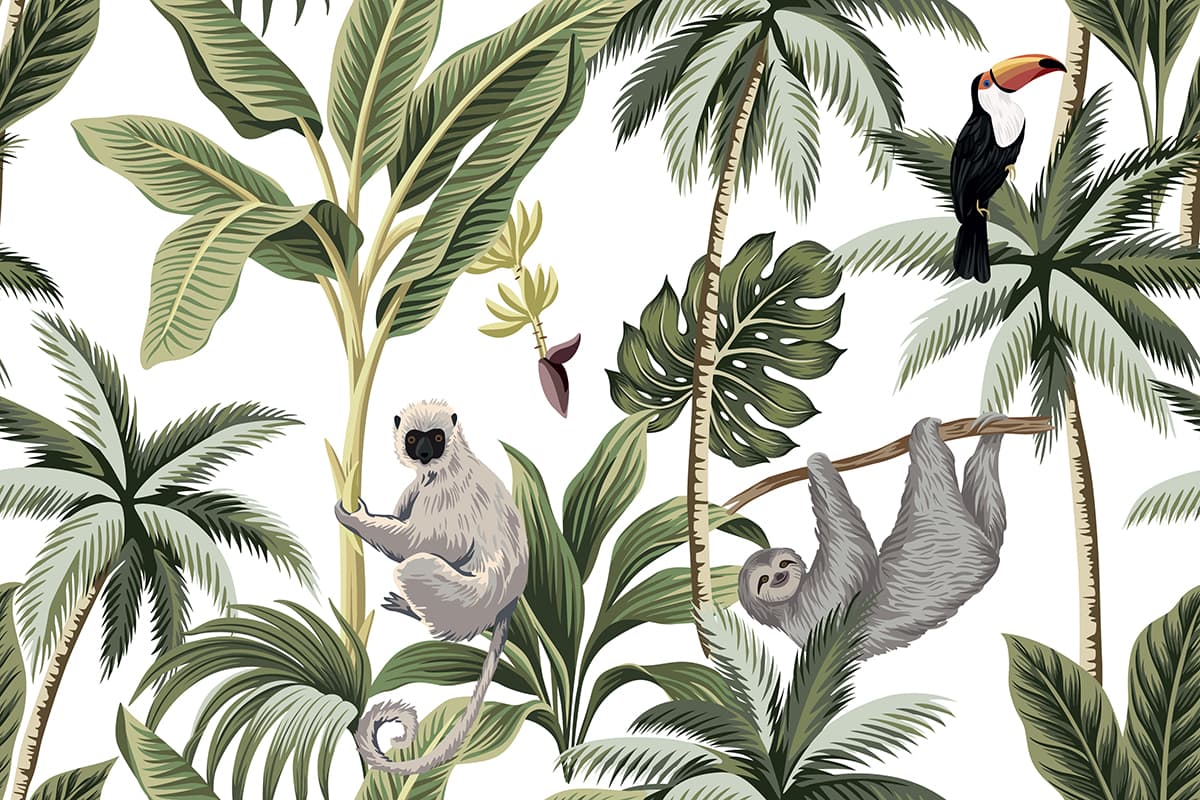 Tropical Wallpaper for Walls, Animals and plants pattern detail