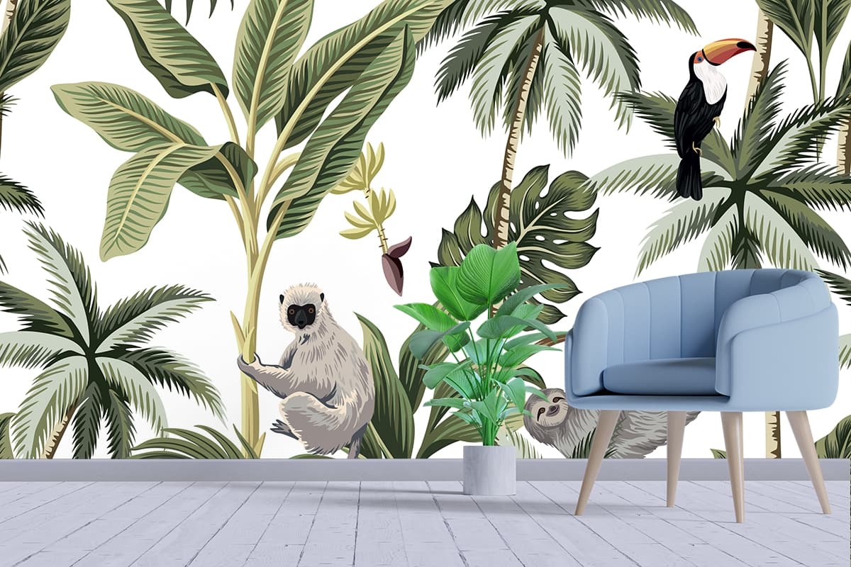 Tropical Wallpaper for Walls, Animals and plants shown in a room