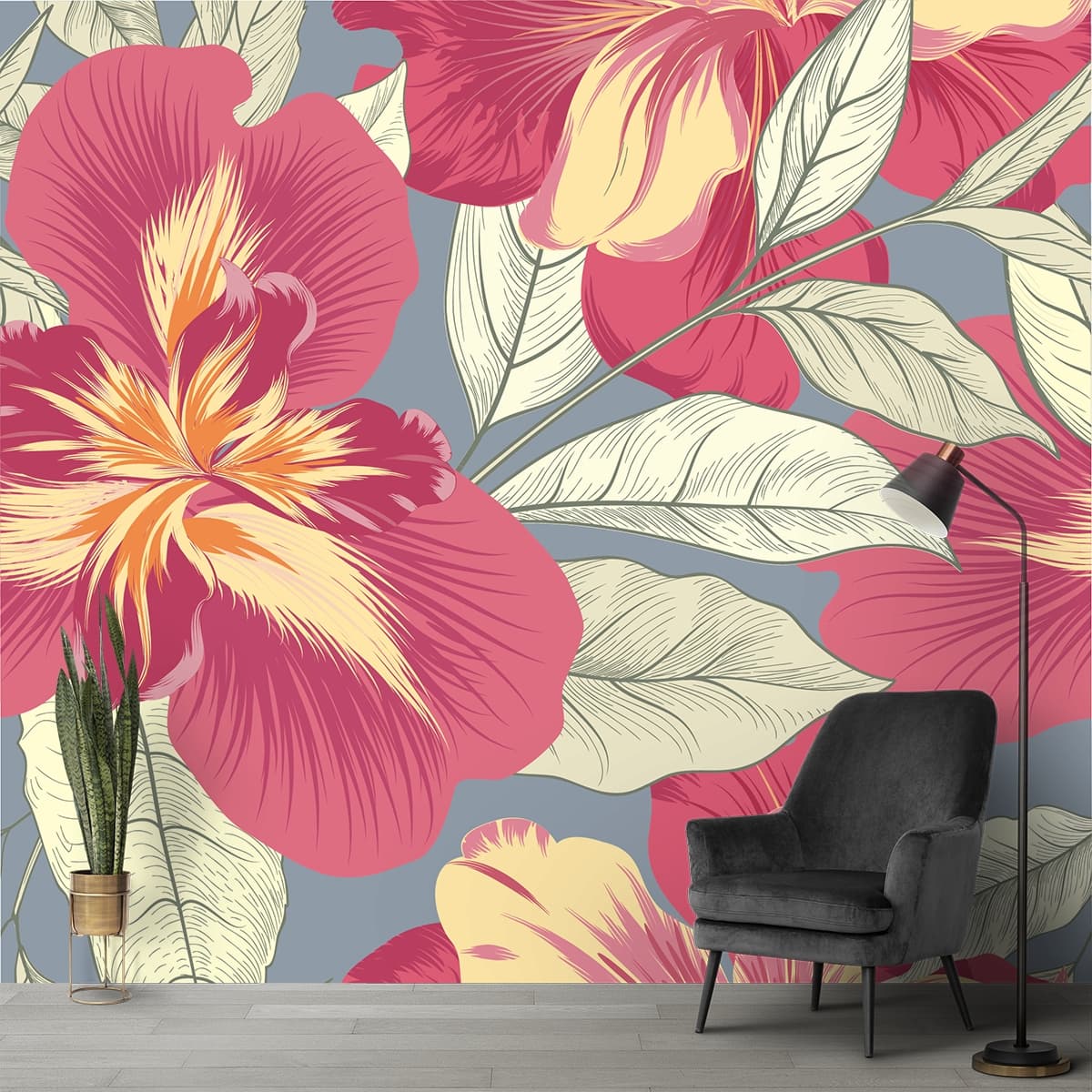 A Wallpaper Design of Flowers and Leaves for Wall shown in a room
