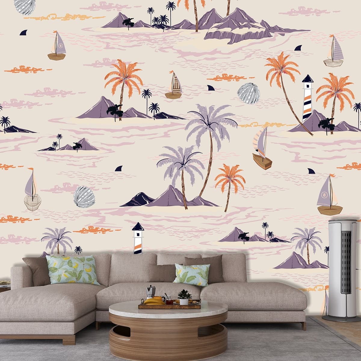 Modern Elegant Seaside Lighthouse Mural Wallpaper shown in a room