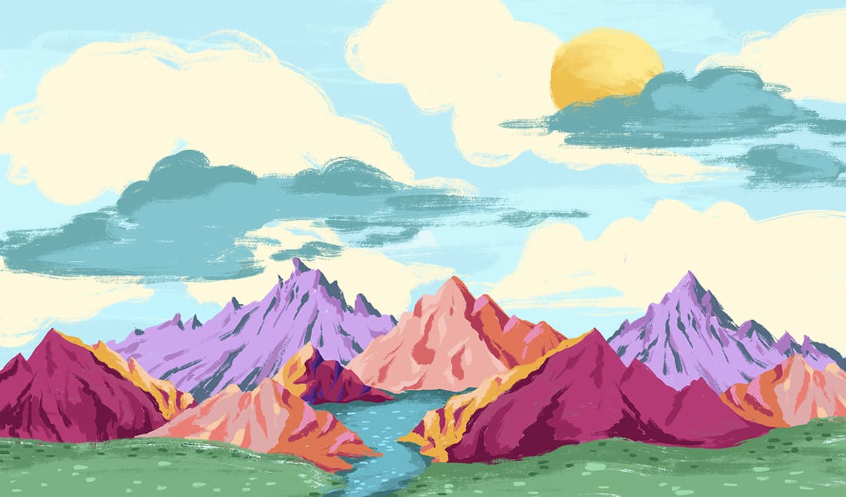 Colorful Mountains and River Scenic Landscape wallpaper pattern detail