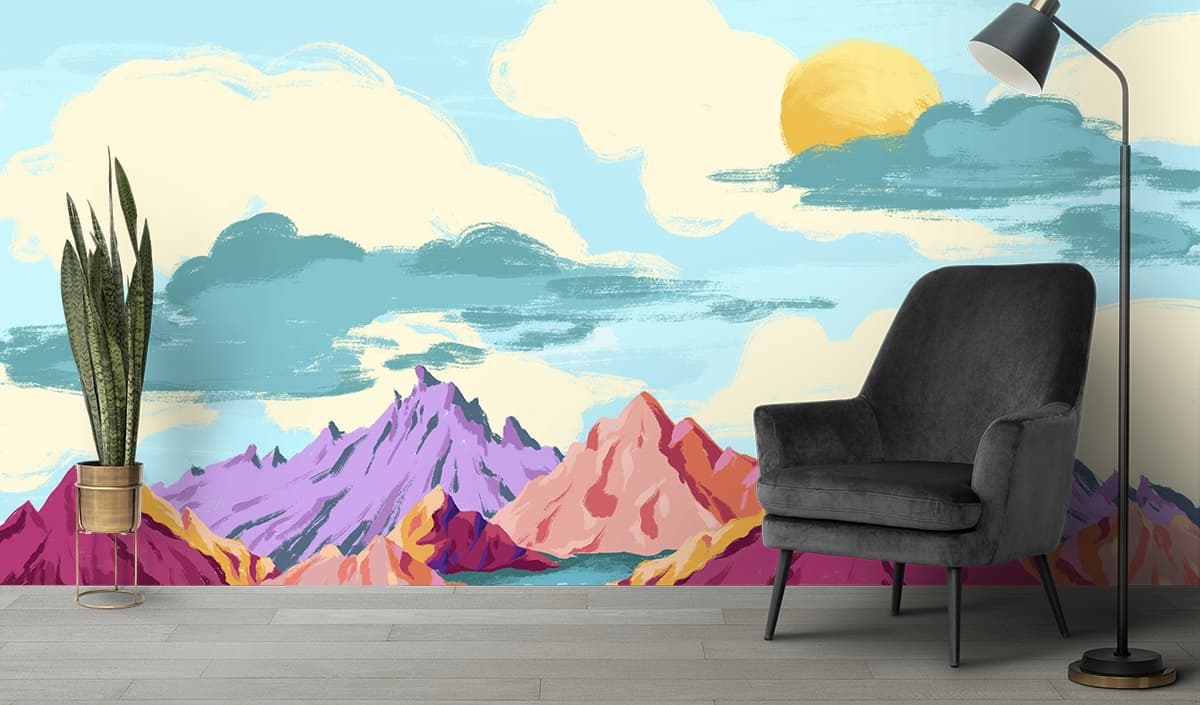 Colorful Mountains and River Scenic Landscape wallpaper shown in a room
