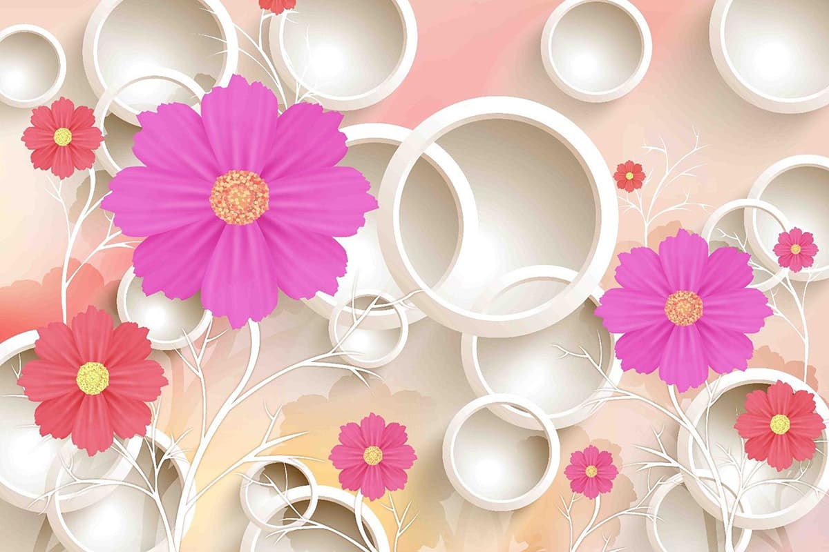 3D Circular Rings and Daisy Flowers Wallpaper pattern detail