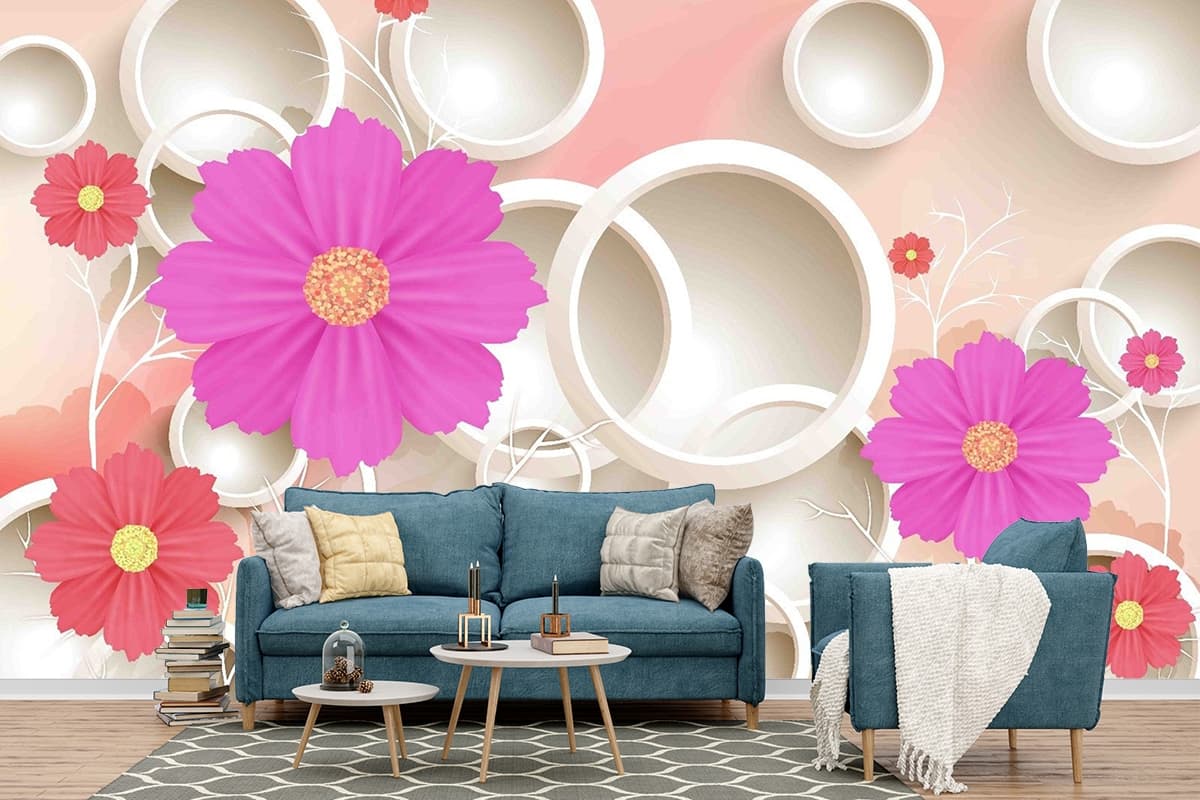 3D Circular Rings and Daisy Flowers Wallpaper shown in a room