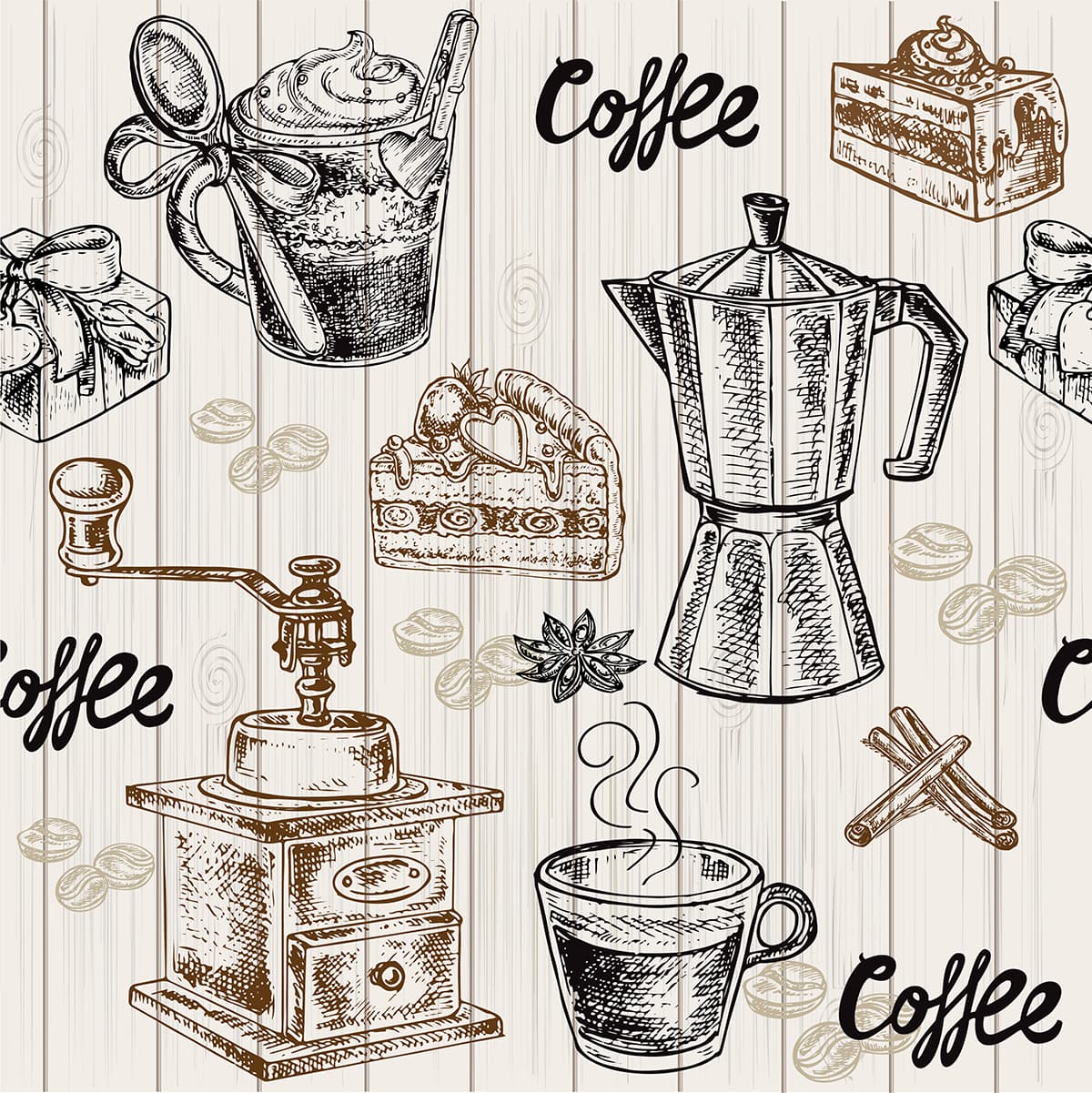 Coffee and Cakes Café Theme Illustration Wallpaper pattern detail