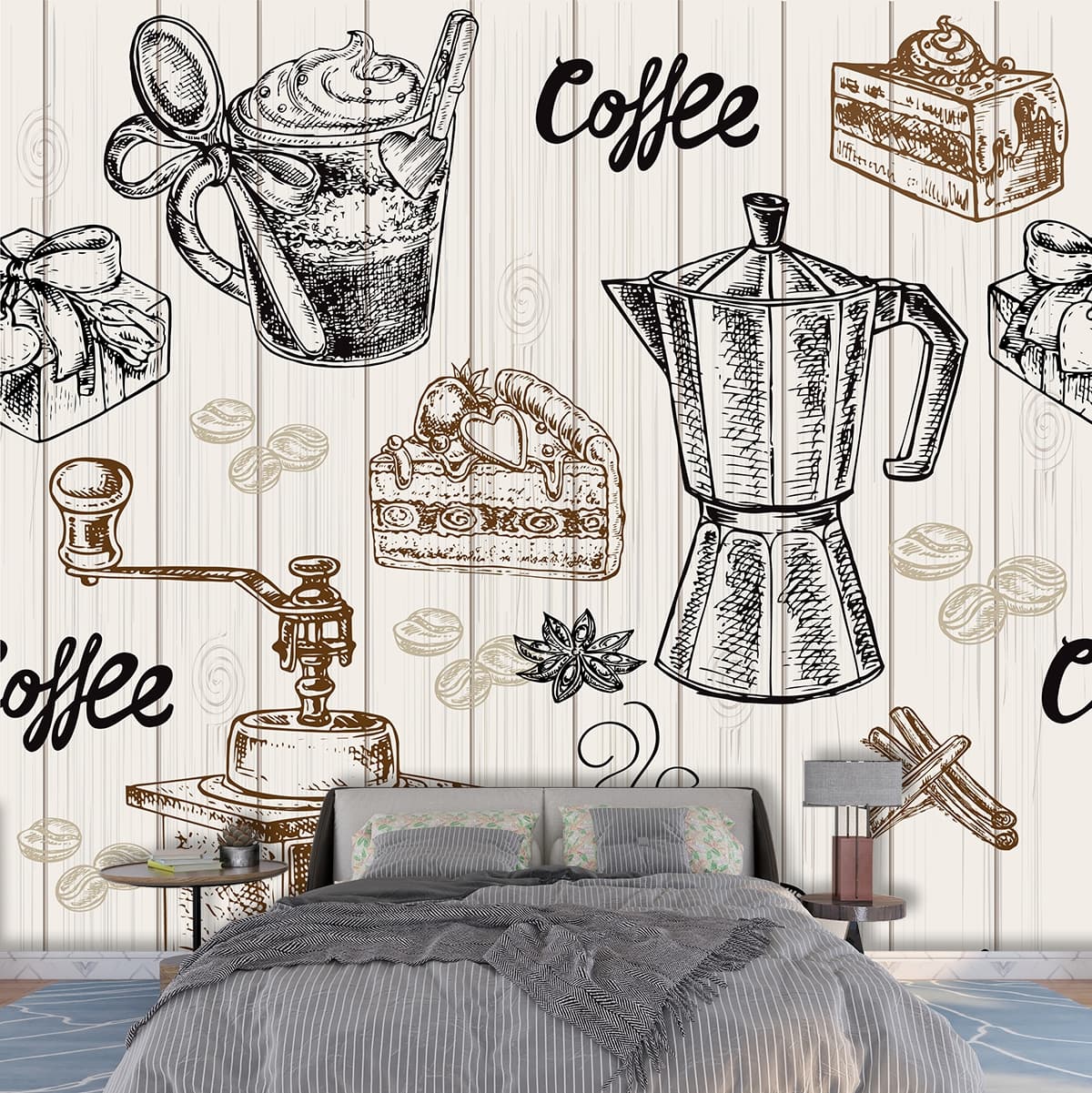 Coffee and Cakes Café Theme Illustration Wallpaper shown in a room