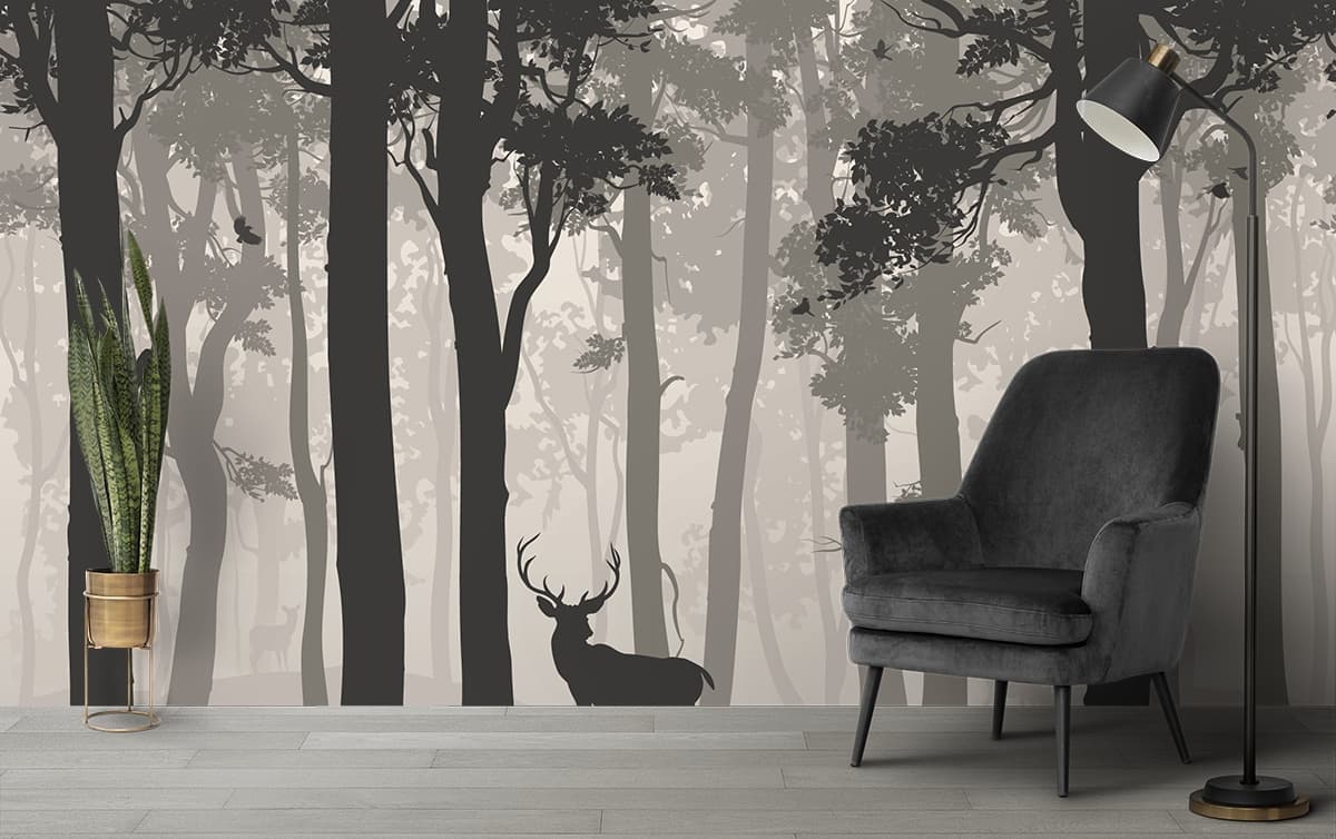 Immersive Foggy Forest Landscape Wallpaper shown in a room