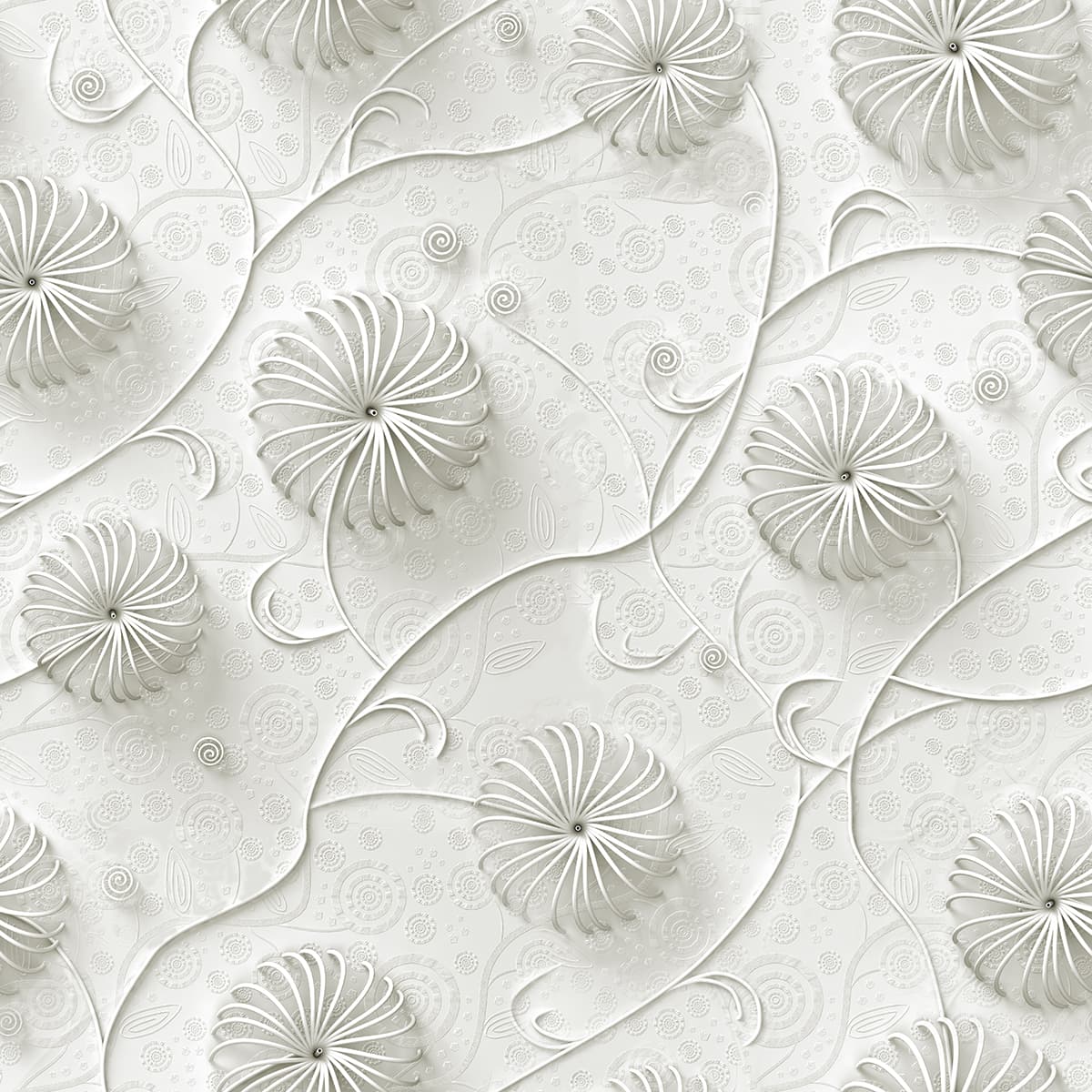 A white wallpaper with spirals and swirls pattern detail