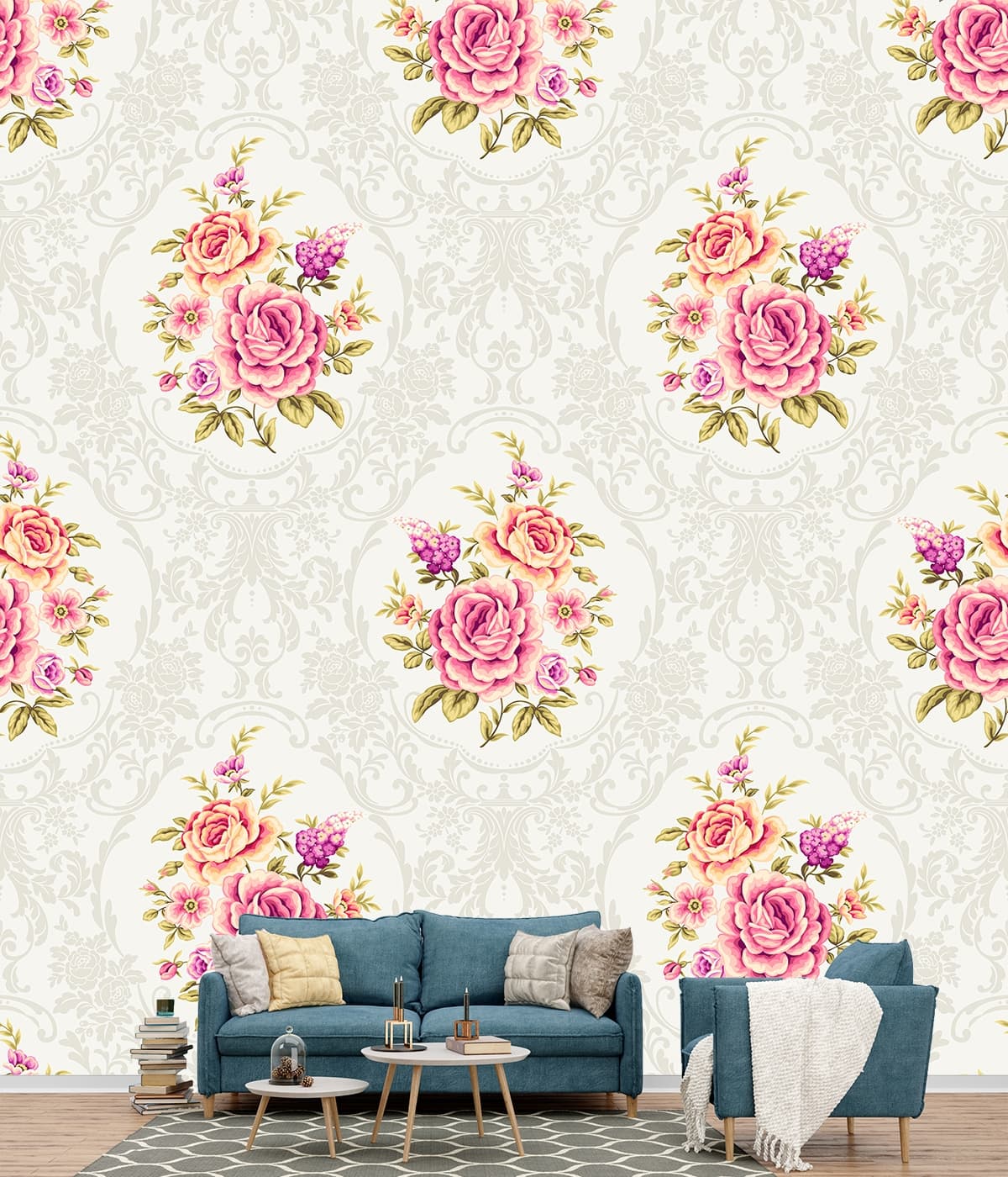 Minimal Flower Pattern White Aesthetic Wallpaper shown in a room