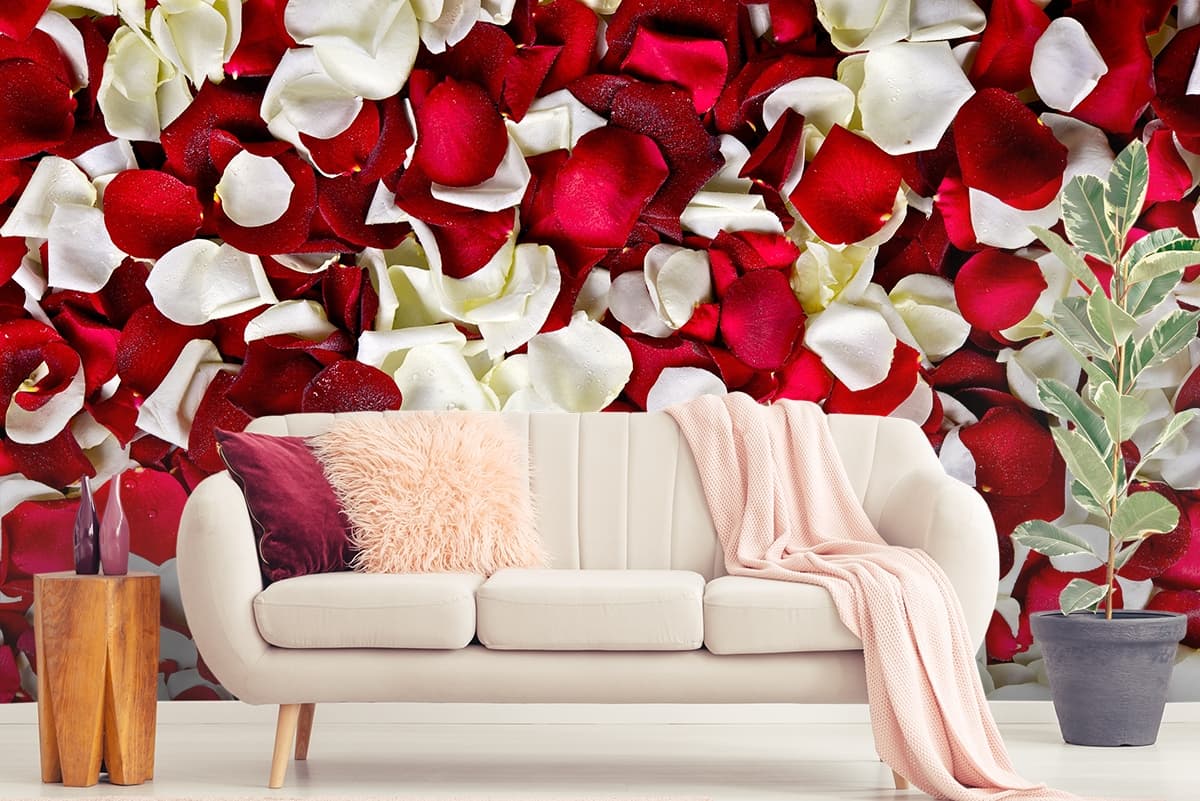 Premium Red White Rose Petals Pattern Wallpaper shown in a room