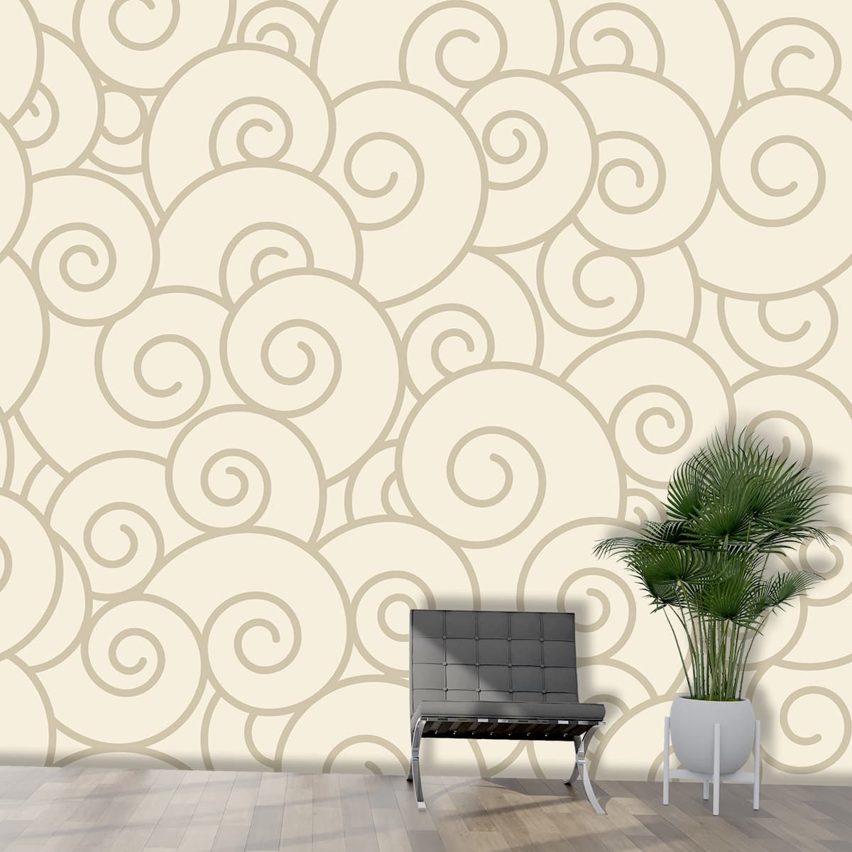 Premium White Background Spiral Design Wallpaper shown in a room