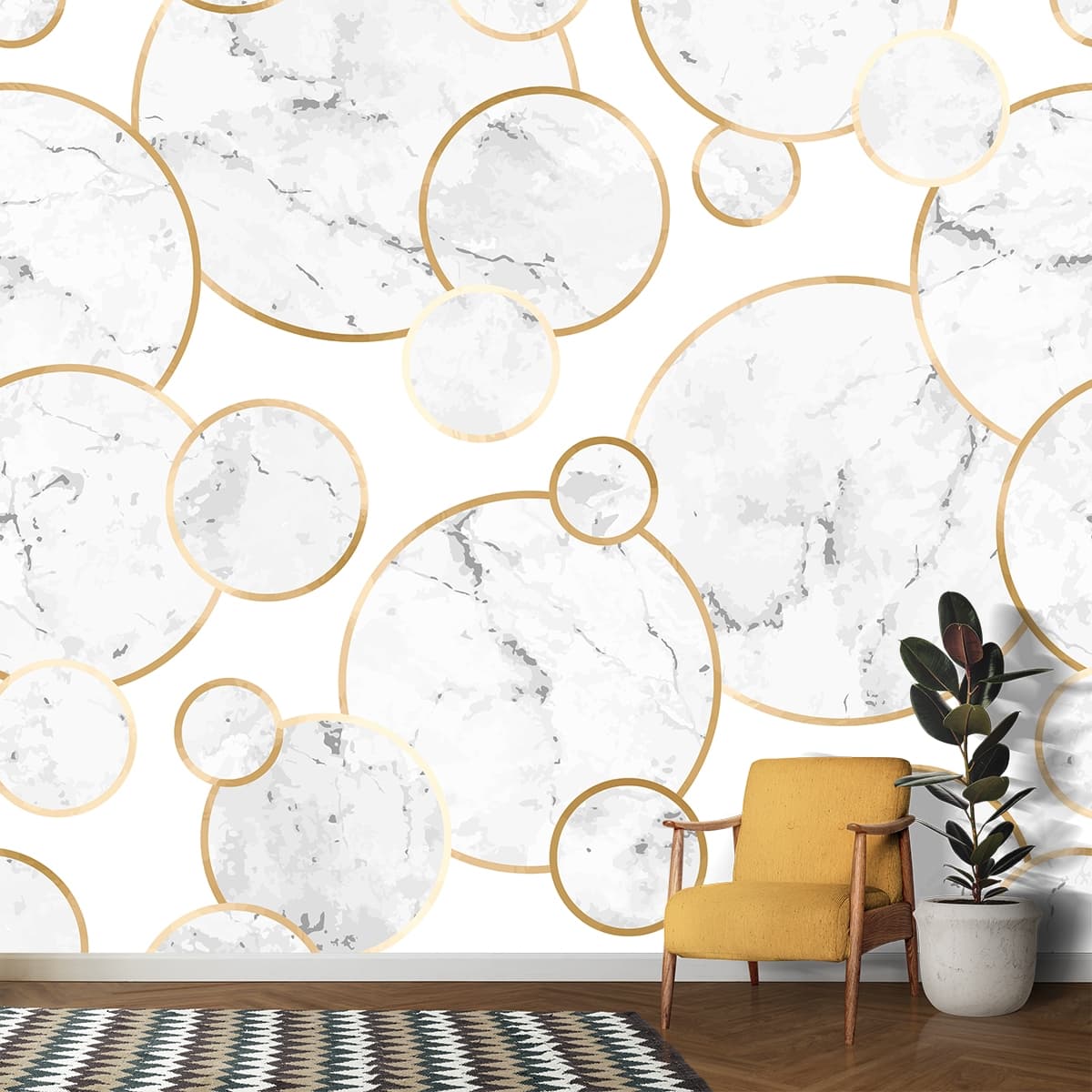 Luxurious white and gold circles wallpaper mural shown in a room