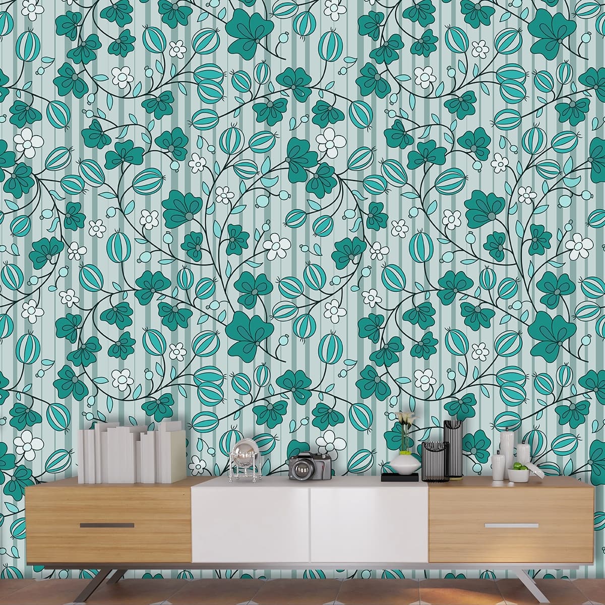 A Pattern of Leaves and Flowers shown in a room