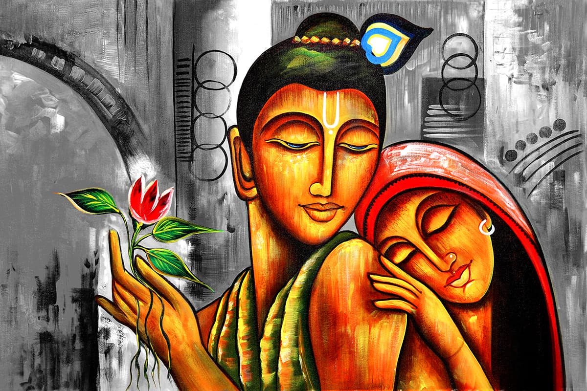 Artistic Radha Krishna Mural Wallpaper pattern detail