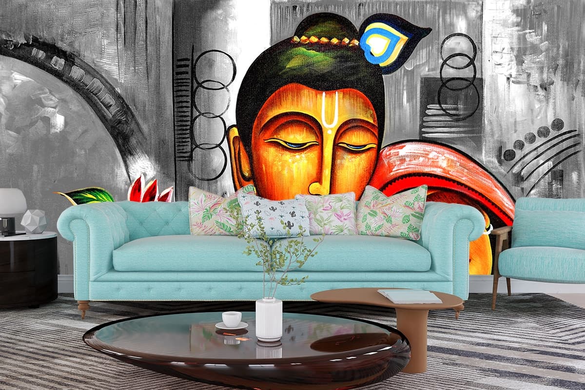 Artistic Radha Krishna Mural Wallpaper shown in a room