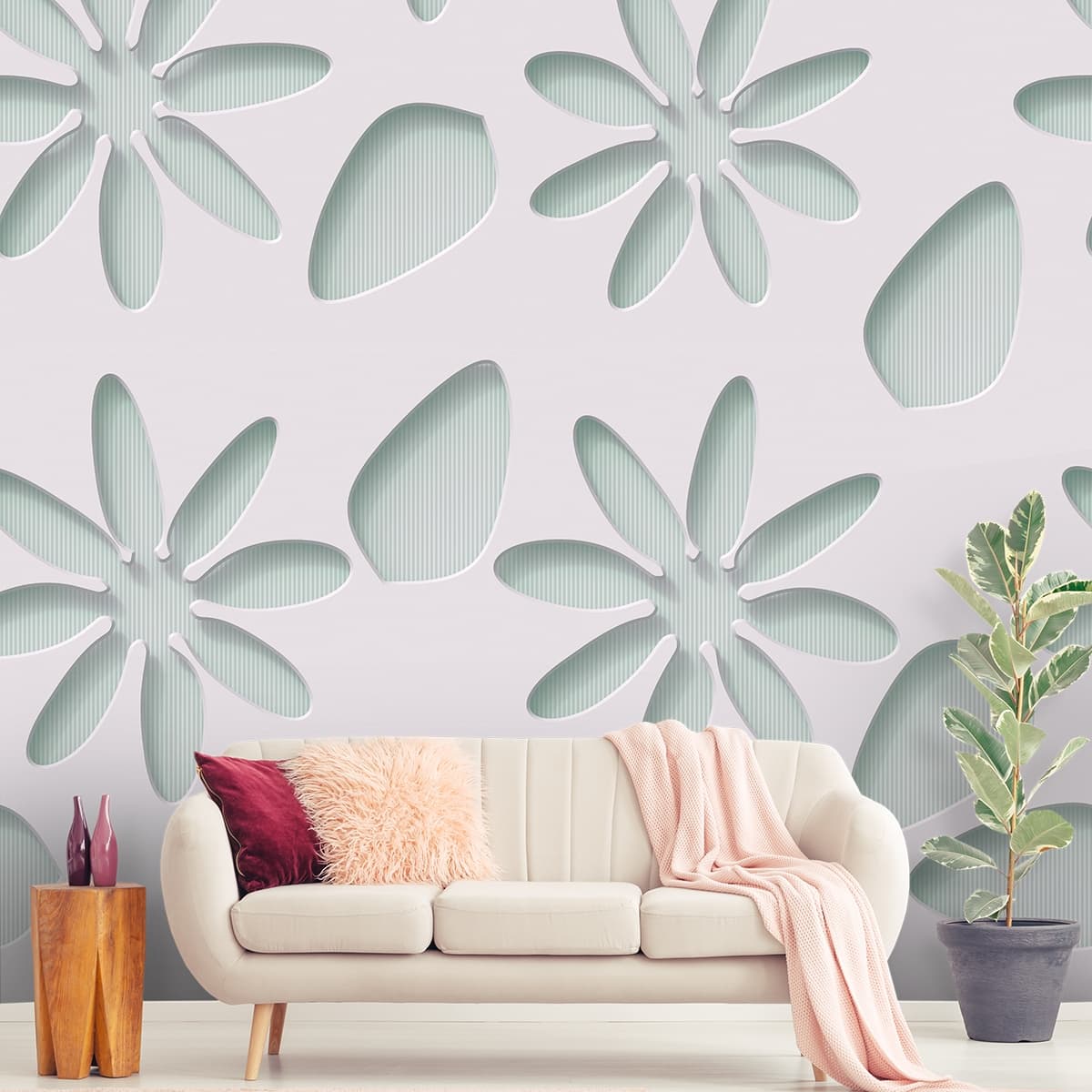 Elegant White Flower Pattern with Line Art Wallpaper shown in a room