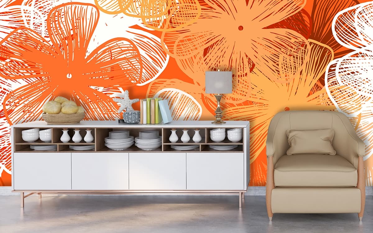 Modern Orange Floral Line Art Pattern Wallpaper shown in a room