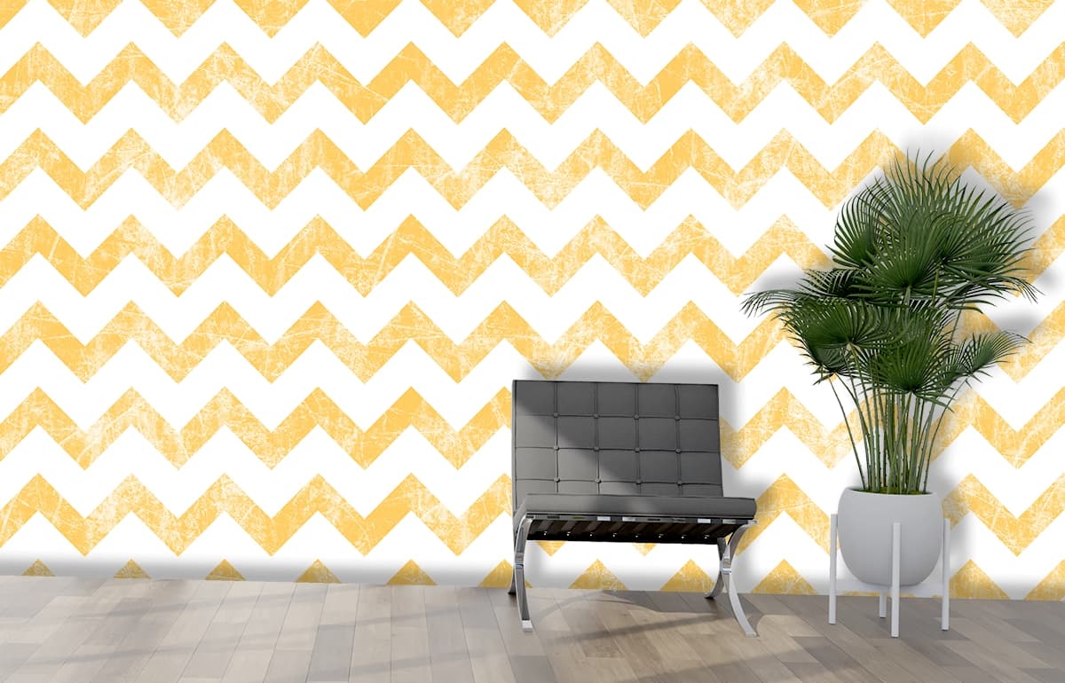 Stylish Yellow White Zigzag Geometric Wallpaper shown in a room