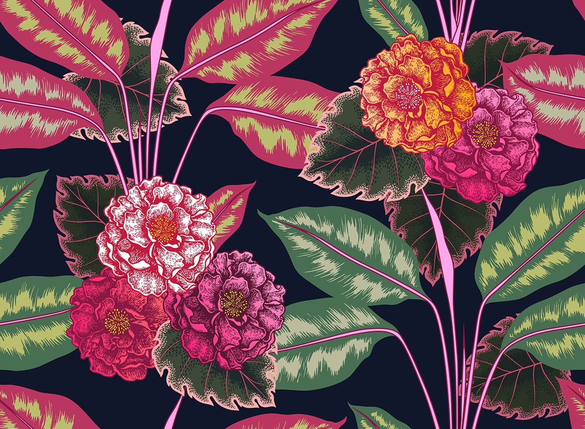 Beautiful Flowers and Leaves Wallpaper Mural pattern detail